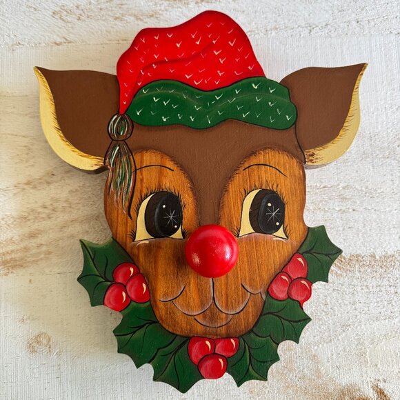 Vintage Hand Painted Wood Rudolph the Reindeer Wall Hanger with Music Box - Picture 1 of 9